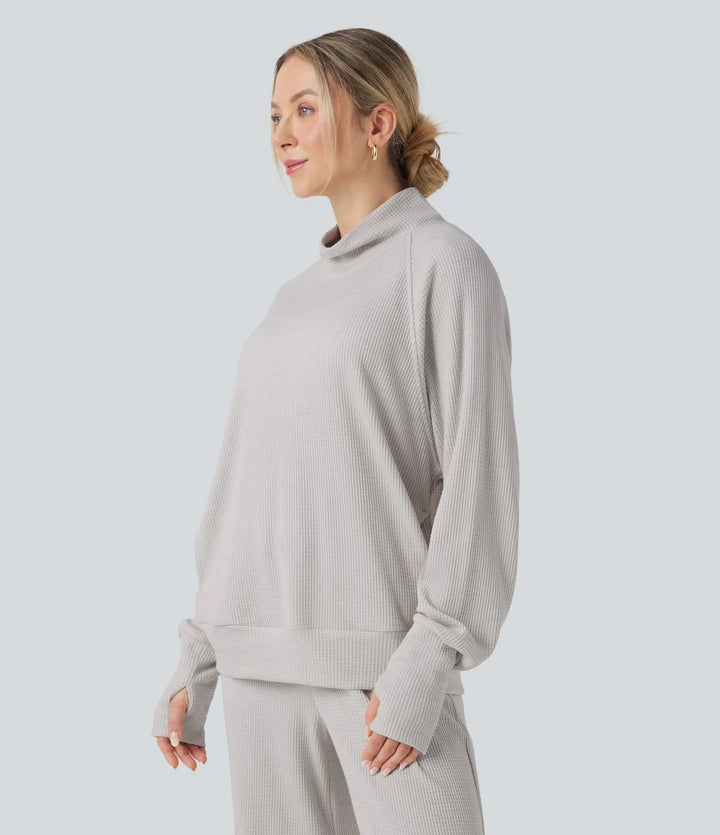 Z wysokim kołnierzem i długim rękawem z otworami na kciuki oversize waflowy bluza na co dzień z kieszeniami