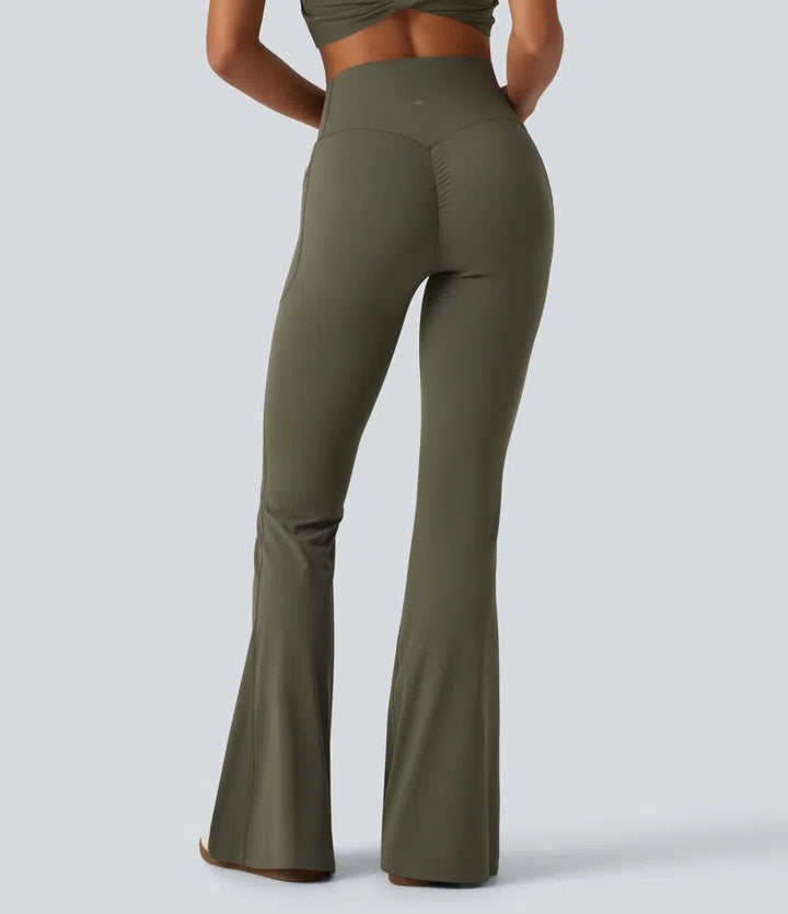 Halara UltraSculpt legginsy z wysokim stanem, z krzyżowanym pasem, marszczonym tyłem podnoszącym pośladki, modelujące i kontrolujące brzuch, z rozszerzanymi nogawkami do jogi, z kieszeniami