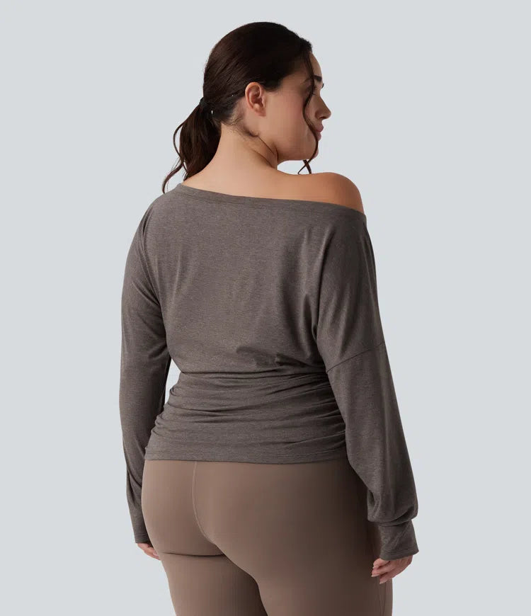 Top sportowy plus size na jogę, na jedno ramię, z długim rękawem, z otworem na kciuk i marszczeniem