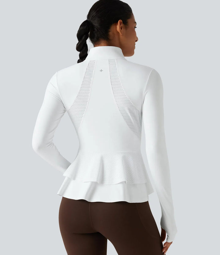 SoftlyZero Airy ze stójką i długim rękawem z otworem na kciuk Eyelet z falbankowym dołem InstantCool joga kurtka z kieszeniami-UPF50+