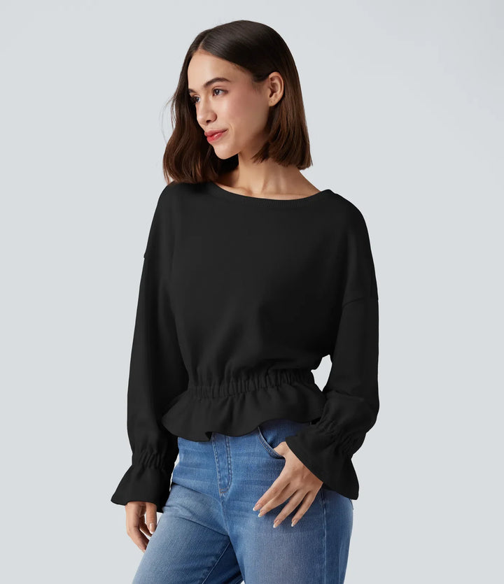Z okrągłym dekoltem i długim rękawem z falbankowym dołem na co dzień bawełniany bluza