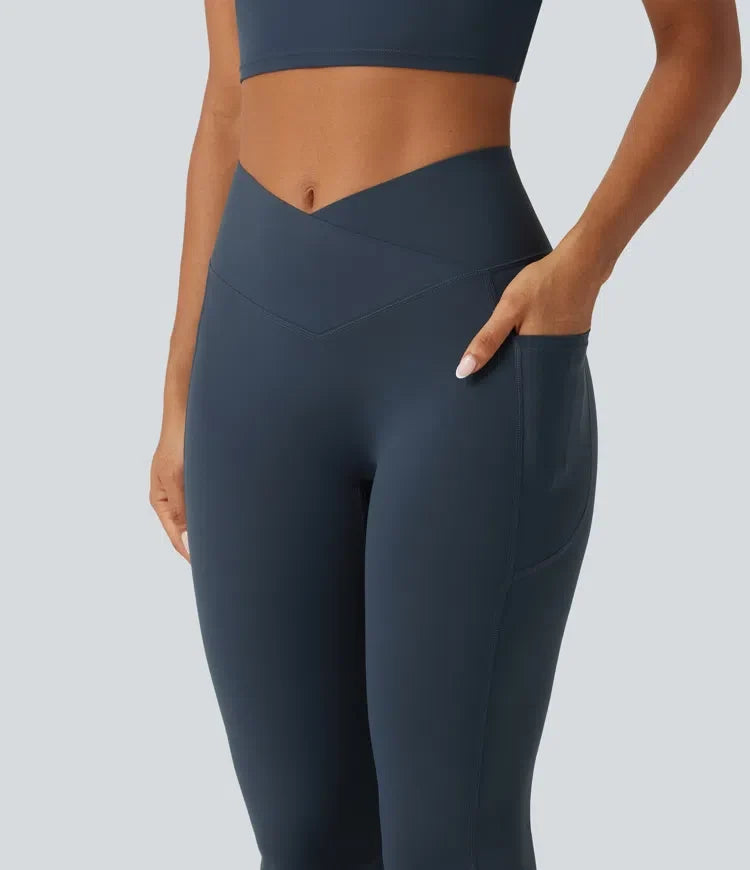 Milejka UltraSculpt z wysokim stanem krzyżowany modelujące brzuch flare treningowy legginsy z kieszeniami