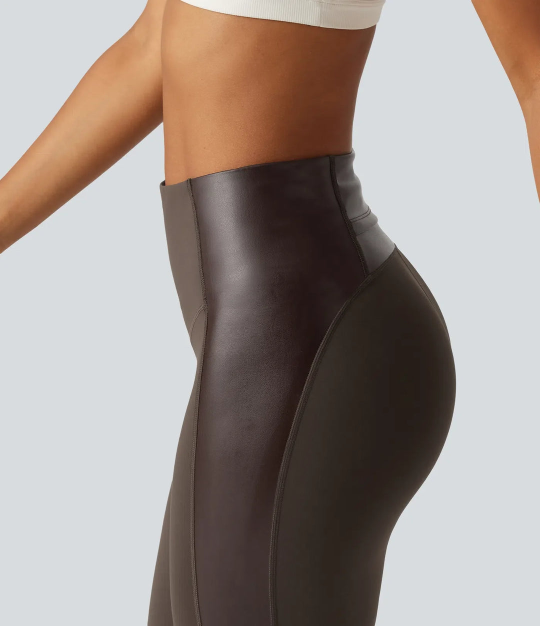 Milejka UltraSculpt z wysokim stanem elastyczny PU modelujące brzuch legginsy do jogi z kieszenią
