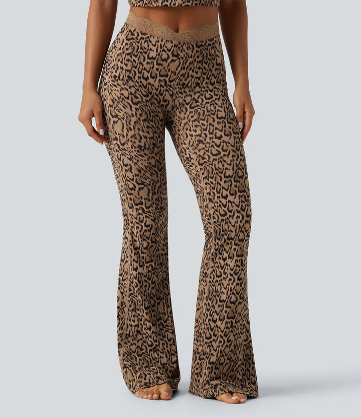 Halara UltraSculpt legginsy do jogi z kieszeniami, rozkloszowane, w panterkę, z wysokim stanem w kształcie V i kontrastową koronką