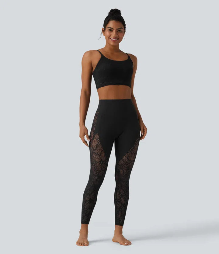 Halara UltraSculpt legginsy do jogi 7/8 z wysokim stanem, modelującym efektem na brzuch, kontrastową koronką i kieszenią