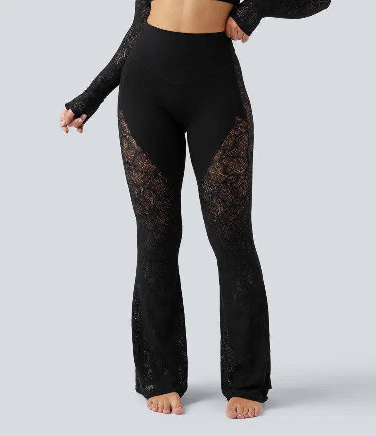 Halara UltraSculpt legginsy do jogi z wysokim stanem, modelujące brzuch, z kontrastową koronką, rozkloszowane, z kieszenią