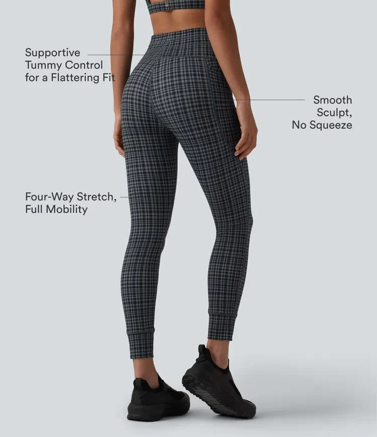 Milejka UltraSculpt Check w kratę print z wysokim stanem i sznurkiem legginsy do jogi z kieszeniami