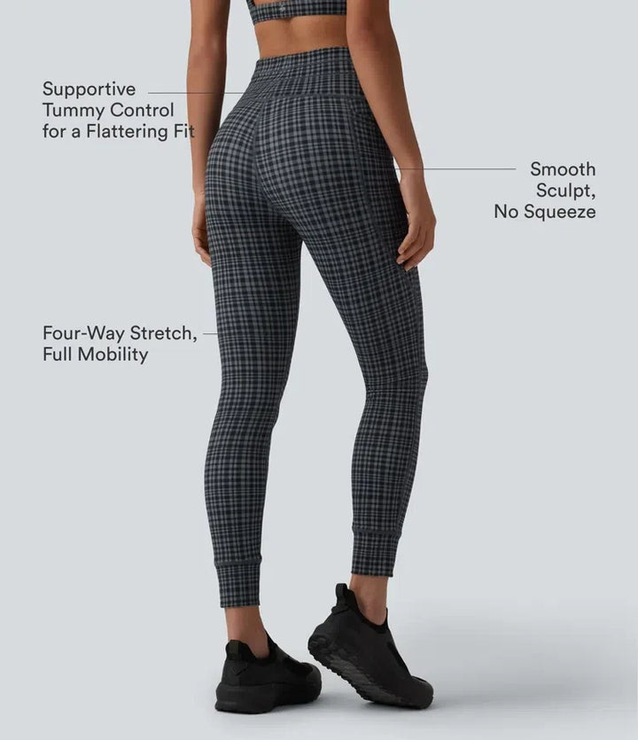 Milejka UltraSculpt Check w kratę print z wysokim stanem i sznurkiem legginsy do jogi z kieszeniami