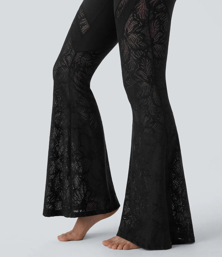 SoftlyZero legginsy do jogi z wysokim stanem, skrzyżowanym przednim panelem, kieszenią, kontrastową koronką i rozszerzanymi nogawkami