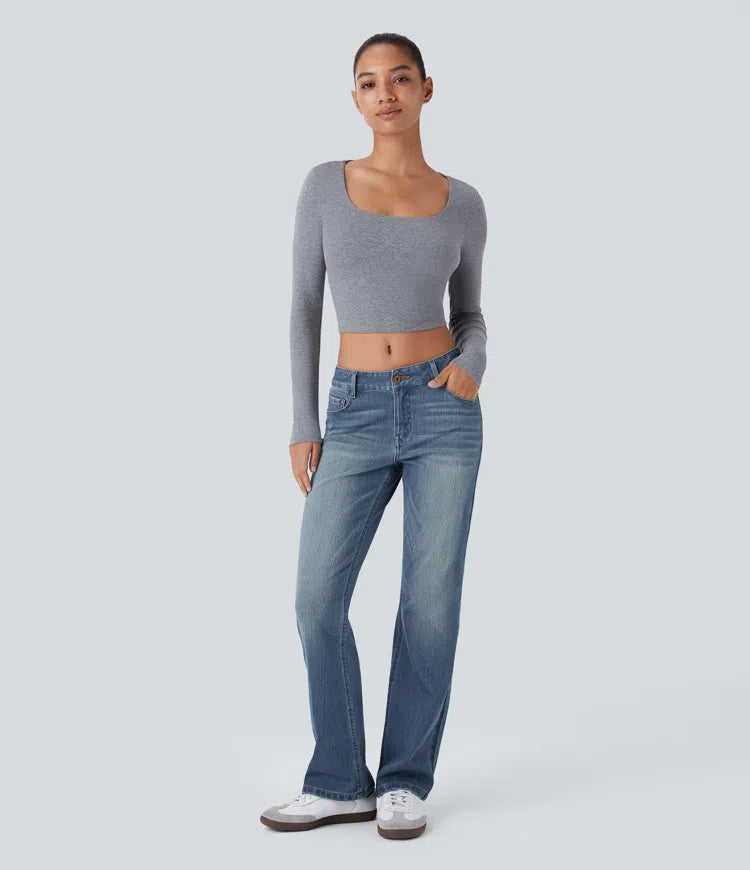 Halara Flex niskie, prane casualowe dżinsy bootcut z kieszeniami na zamek