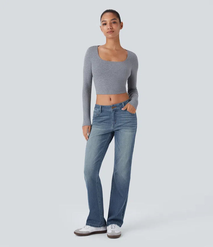Halara Flex niskie, prane casualowe dżinsy bootcut z kieszeniami na zamek