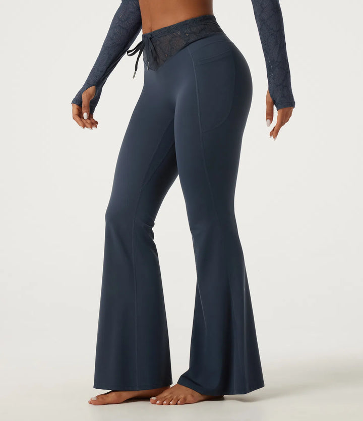 Halara UltraSculpt legginsy do jogi o średnim stanie z wiązaniem w pasie, kontrastową koronką, rozszerzanymi nogawkami i kieszeniami