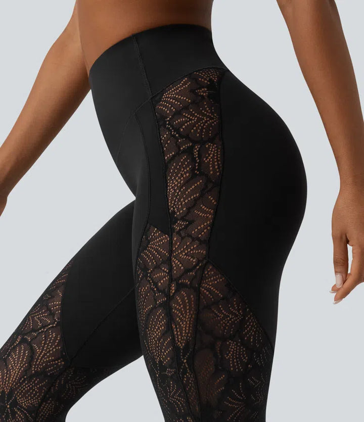 Halara UltraSculpt legginsy do jogi 7/8 z wysokim stanem, modelującym efektem na brzuch, kontrastową koronką i kieszenią