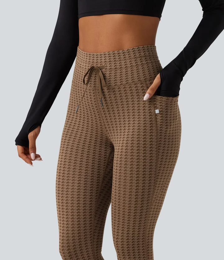 Z wysokim stanem ze sznurkiem w pepitkę legginsy do jogi z kieszeniami