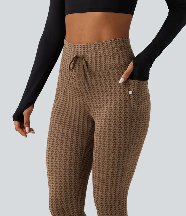Z wysokim stanem ze sznurkiem w pepitkę legginsy do jogi z kieszeniami