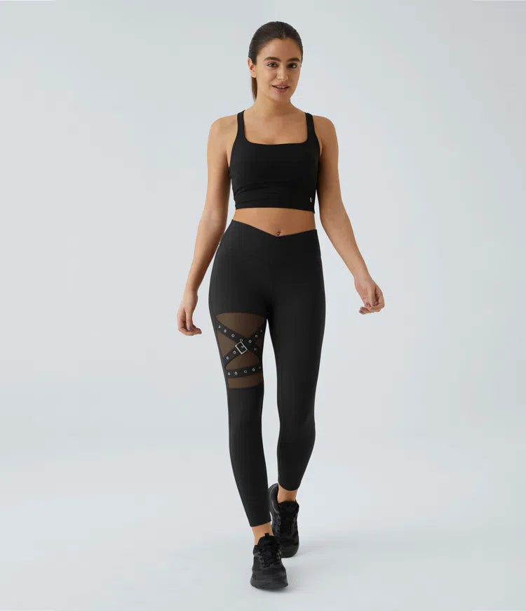 DayStretch legginsy do jogi z wysokim stanem, krzyżowanym przodem, kontrastową siateczką i ozdobną klamrą