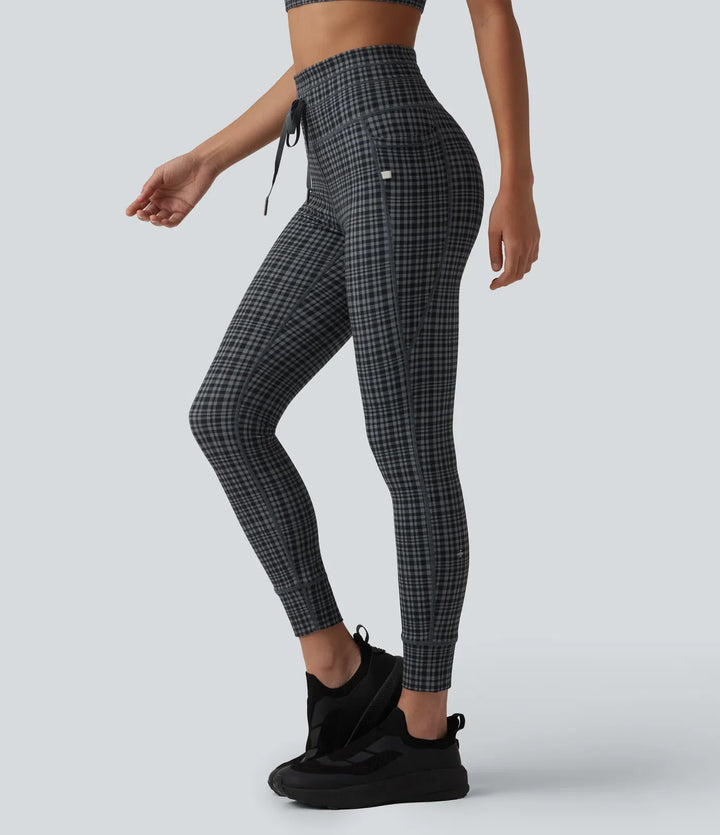 Milejka UltraSculpt Check w kratę print z wysokim stanem i sznurkiem legginsy do jogi z kieszeniami