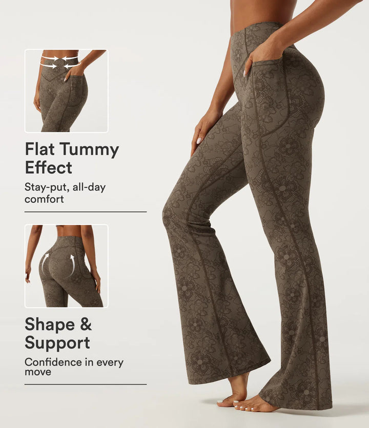 Halara UltraSculpt legginsy do jogi z wysokim stanem, modelujące brzuch i unoszące pośladki, z kontrastową koronką, rozkloszowanymi nogawkami i kieszeniami.