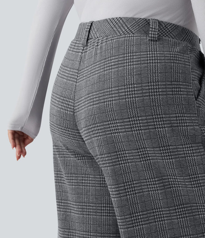 Spodnie plus size z wysokim stanem, szerokimi nogawkami i wzorem pepitki, casualowe, z kieszeniami