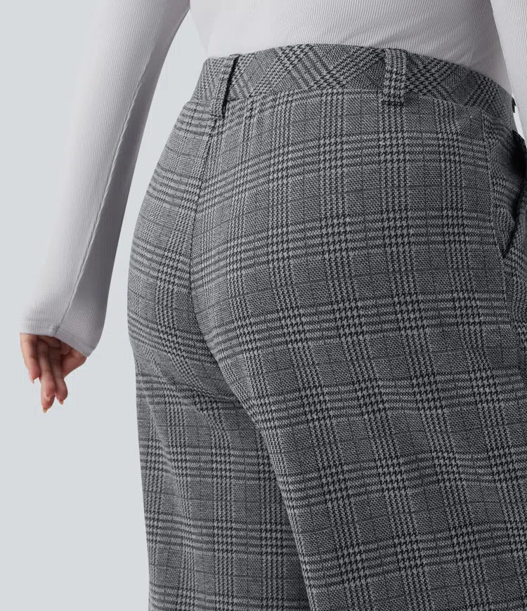 Spodnie plus size z wysokim stanem, szerokimi nogawkami i wzorem pepitki, casualowe, z kieszeniami