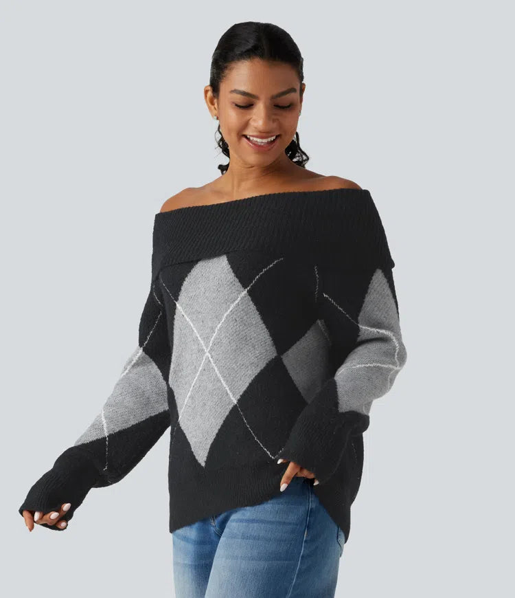 Casualowy sweter w kratkę z odkrytymi ramionami i długimi rękawami