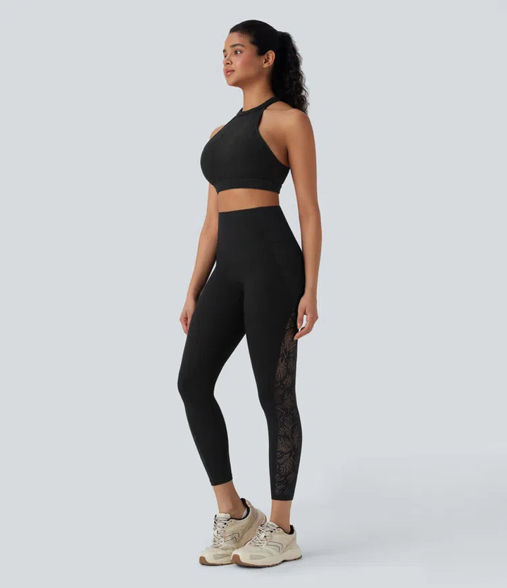 Halara UltraSculpt SoCinched legginsy treningowe o wysokim stanie, modelujące brzuch, z kontrastowymi koronkowymi detalami i kieszeniami