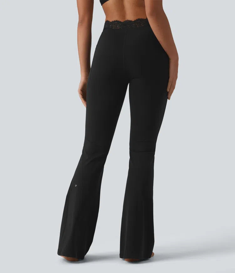 Halara UltraSculpt legginsy do jogi w kształcie litery V, z wysokim stanem, rozkloszowane, z kontrastową koronką i kieszeniami