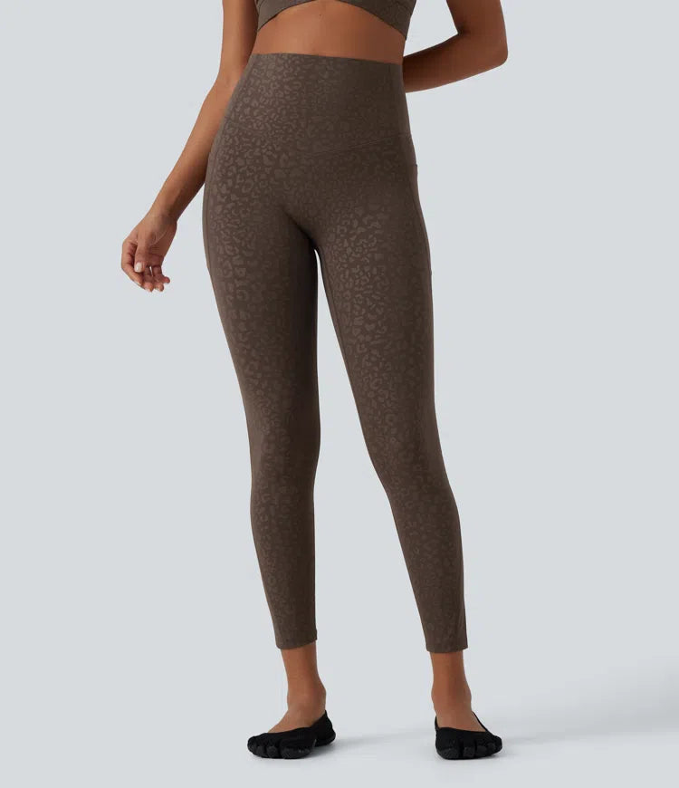 Halara UltraSculpt legginsy do jogi w panterkę, z wysokim stanem, modelującym efektem na brzuch i kieszeniami