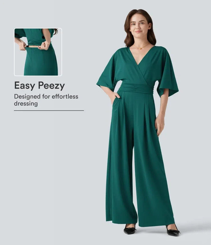 Z dekoltem V z rękawem 1/2 wiązany tył do pracy baggy kombinezon z kieszeniami – Easy Peezy