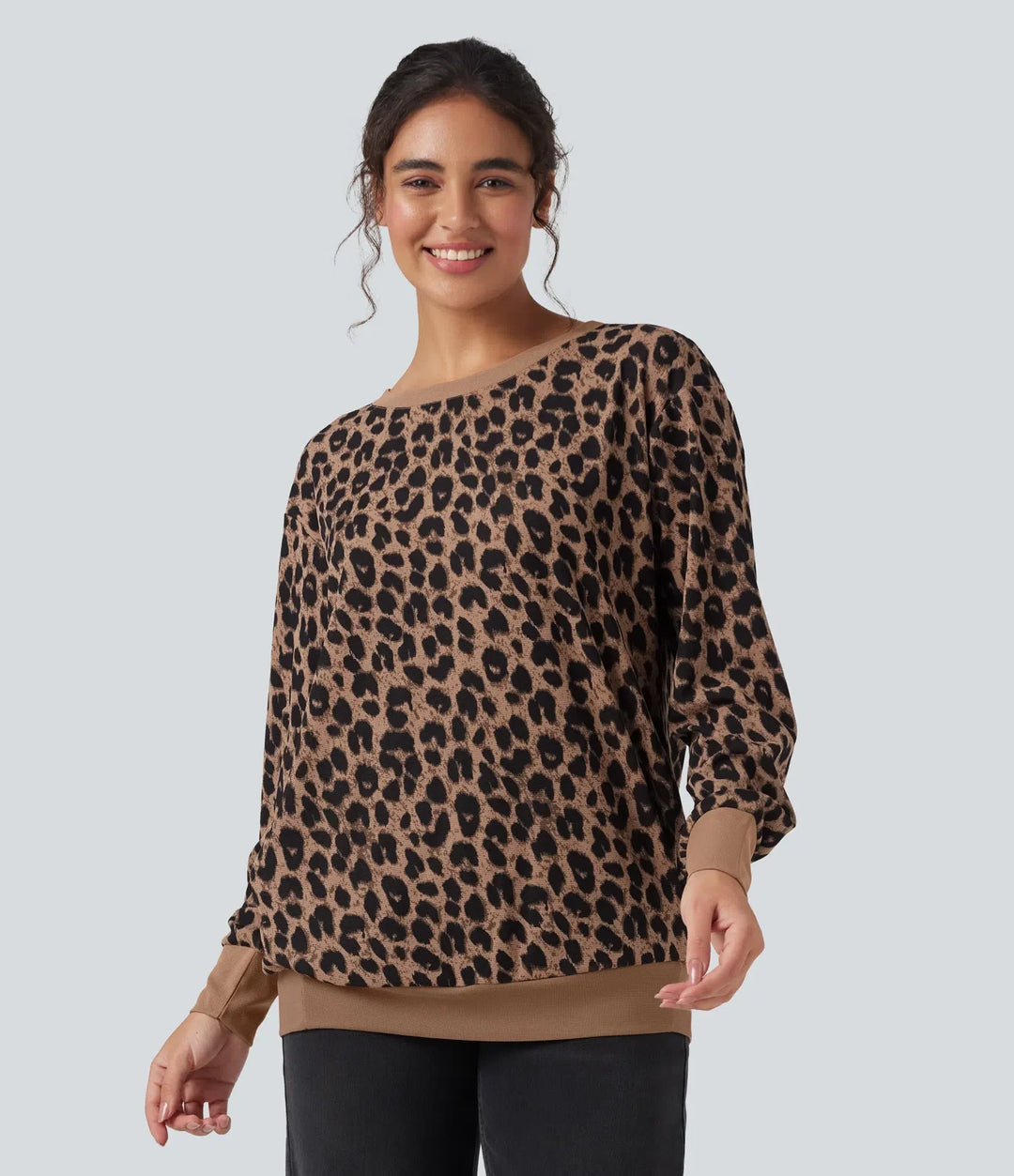 Z okrągłym dekoltem i długim rękawem Leopard waflowy oversize bluza na co dzień z kieszeniami