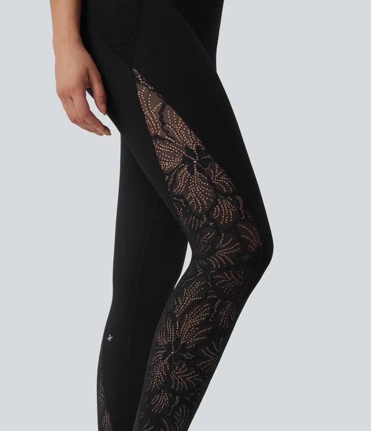 Halara UltraSculpt SoCinched legginsy treningowe o wysokim stanie, modelujące brzuch, z kontrastowymi koronkowymi detalami i kieszeniami