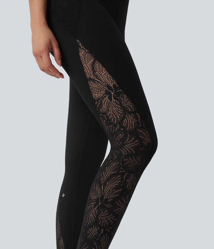 Halara UltraSculpt SoCinched legginsy treningowe o wysokim stanie, modelujące brzuch, z kontrastowymi koronkowymi detalami i kieszeniami
