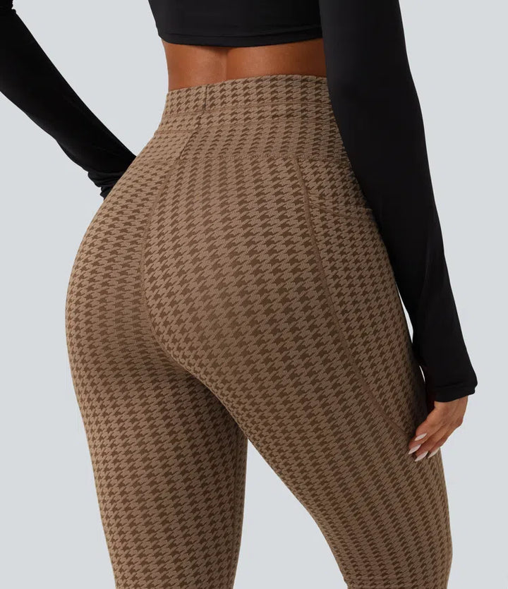 Legginsy do jogi z wysokim stanem, ze sznurkiem w pasie, w pepitkę i z kieszeniami