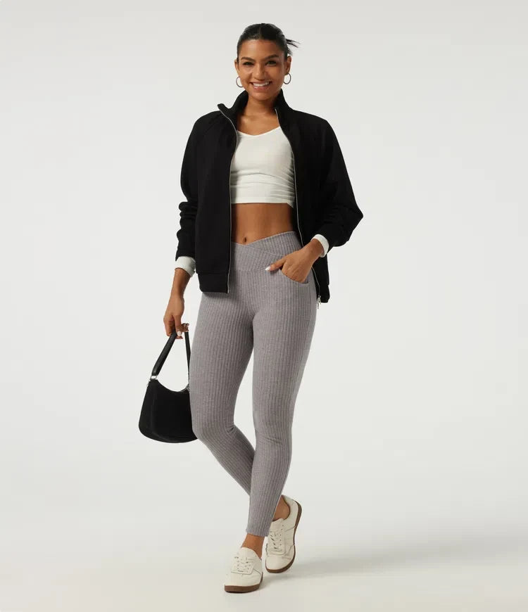 Prążkowana dzianina krzyżowany z wysokim stanem skinny legginsy na co dzień z kieszeniami