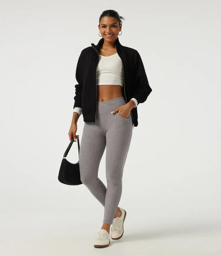 Prążkowana dzianina krzyżowany z wysokim stanem skinny legginsy na co dzień z kieszeniami