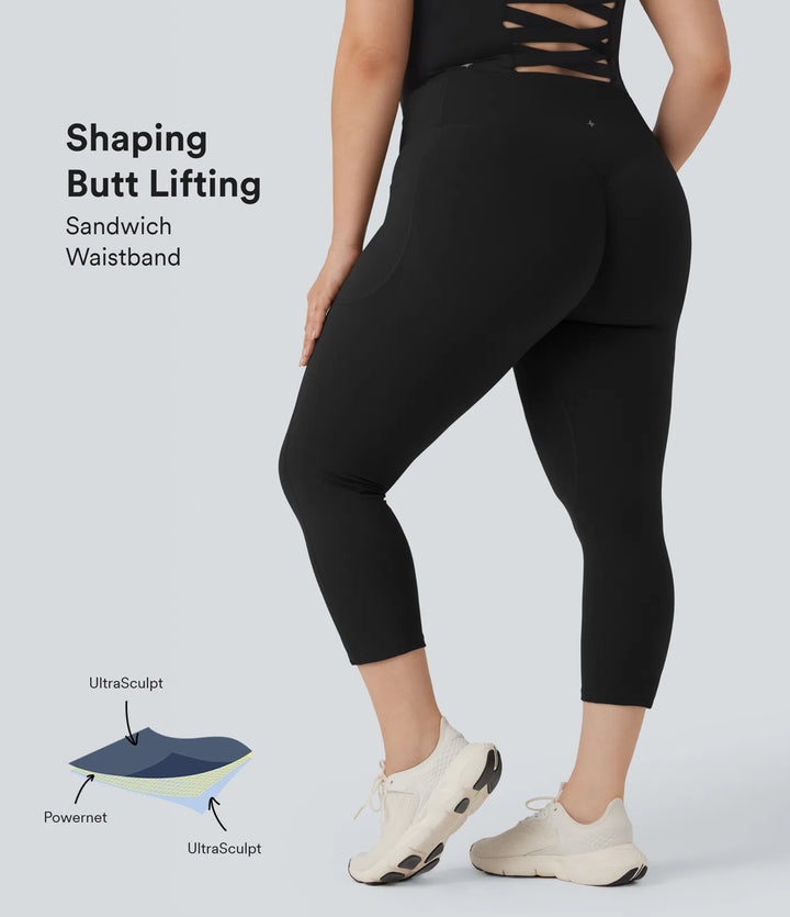 Legginsy treningowe capri Halara UltraSculpt SoCinched w rozmiarze plus, z wysokim stanem, z efektem scrunch modelującym pośladki i modelującym brzuch, z kieszeniami