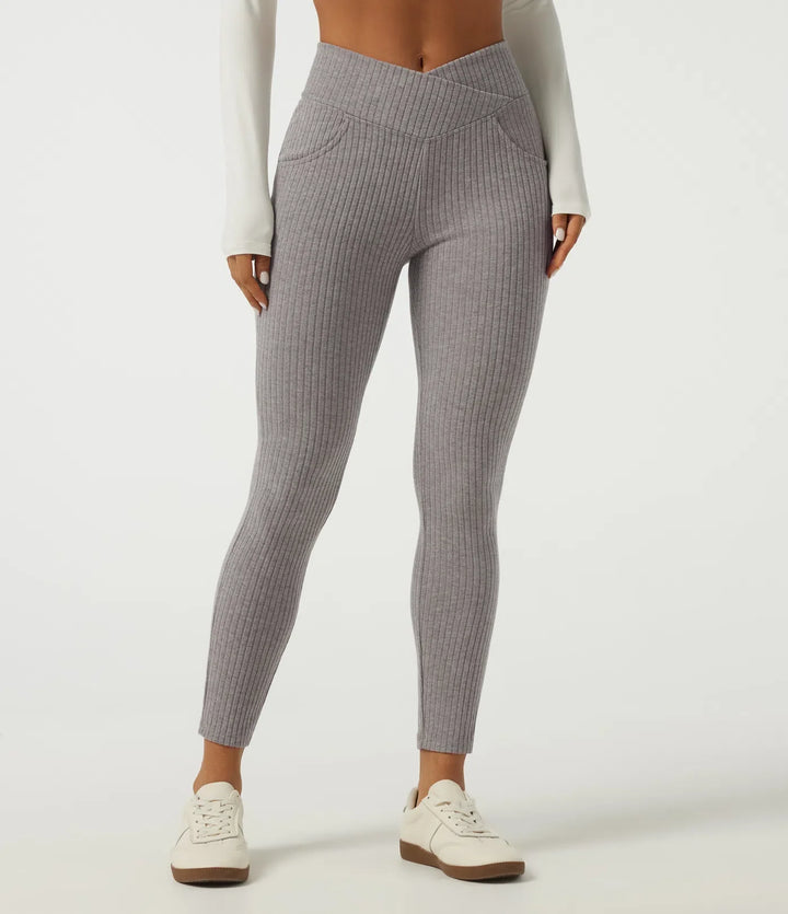 Prążkowana dzianina krzyżowany z wysokim stanem skinny legginsy na co dzień z kieszeniami