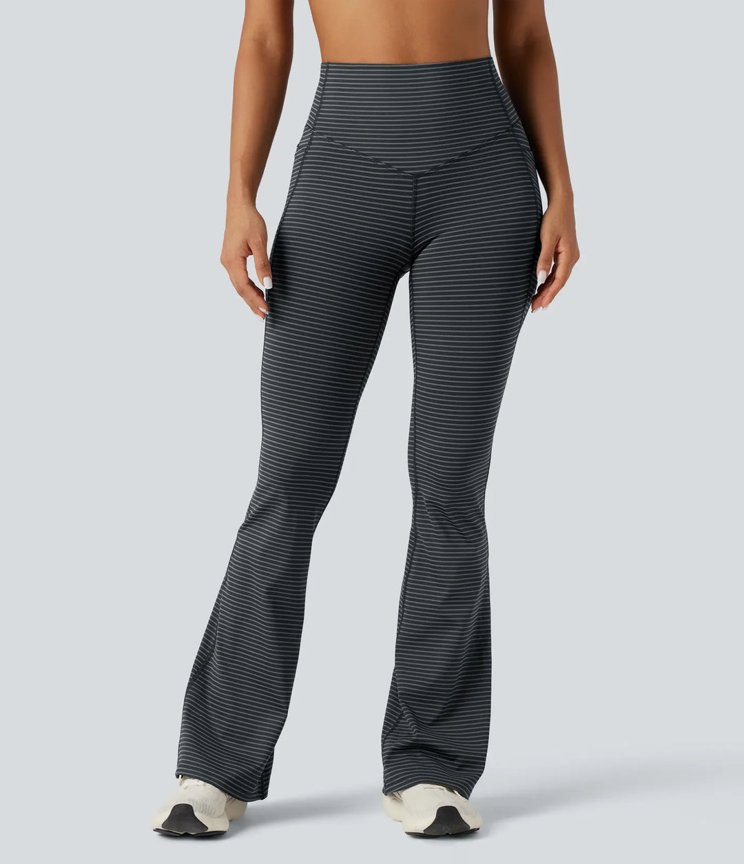 Z wysokim stanem modelujące brzuch w paski joga bootcut legginsy z kieszeniami