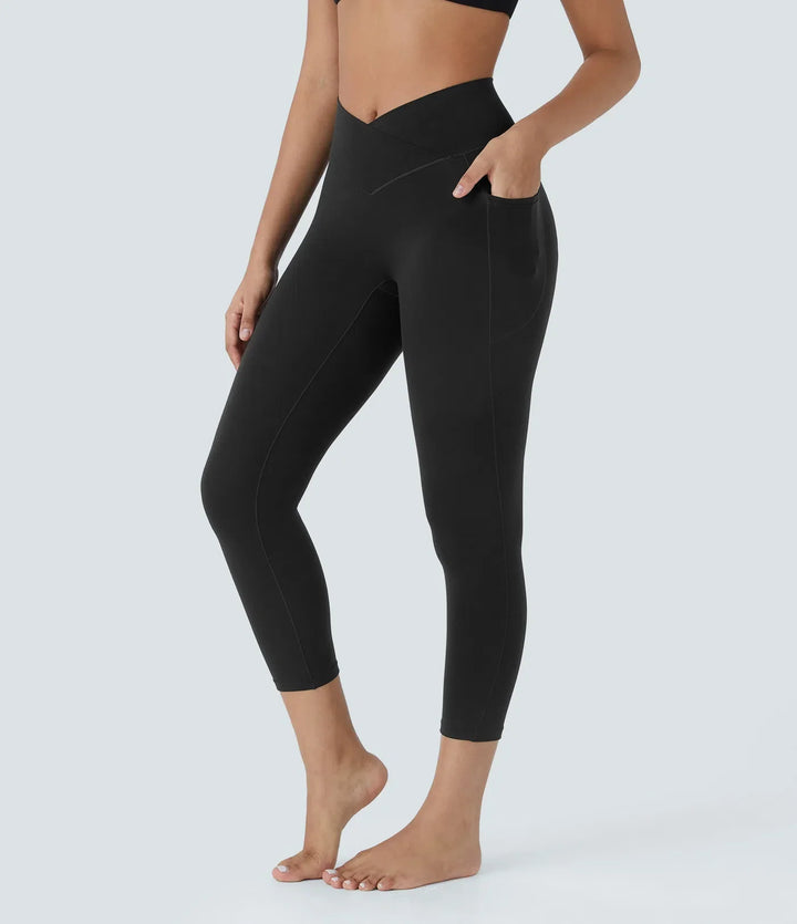 SoftlyZero z wysokim stanem krzyżowany kieszeń capri legginsy do jogi