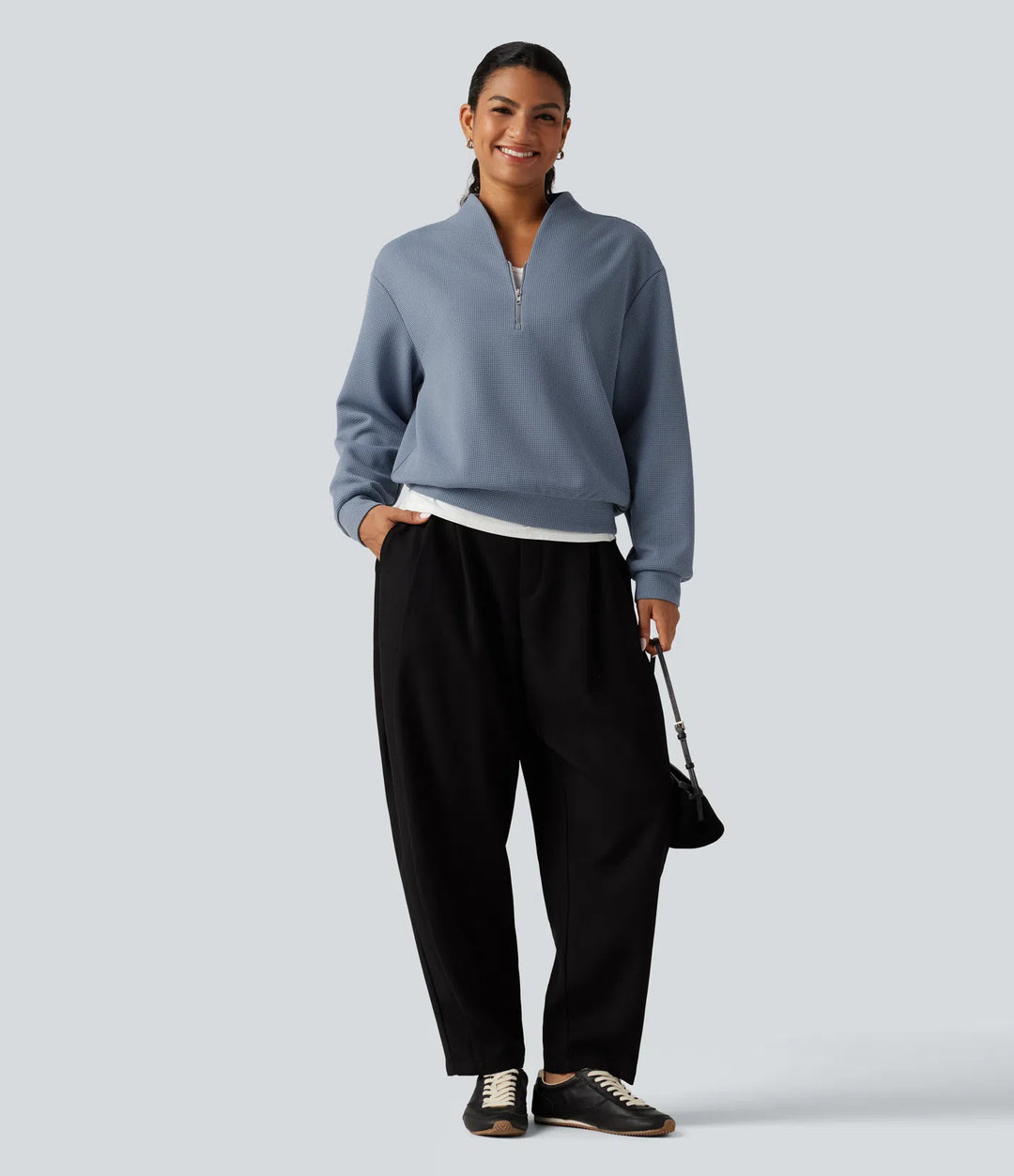 Bluza w stylu casual z dekoltem w serek, długimi rękawami i waflową fakturą