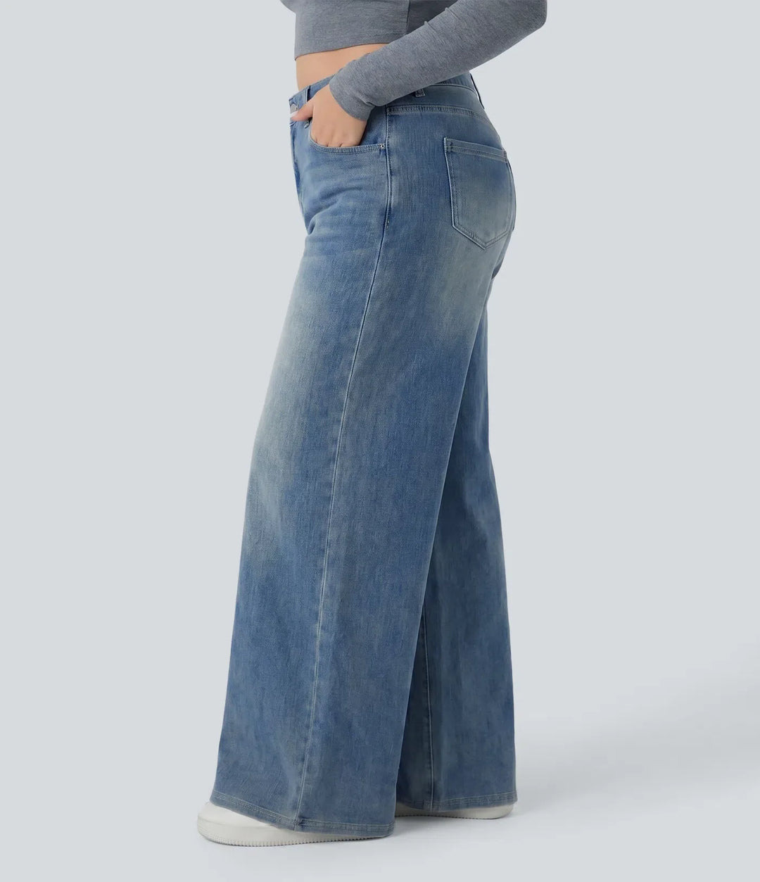 Milejka Flex z wysokim stanem i kieszeniami baggy z szeroką nogawką sprany na co dzień plus size jeansy
