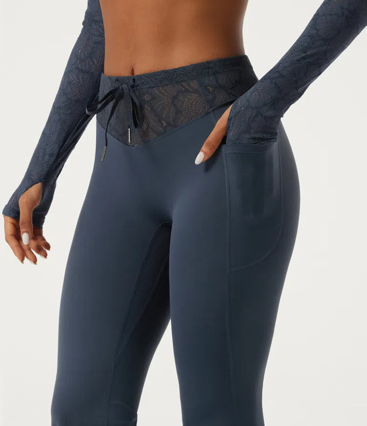 Halara UltraSculpt legginsy do jogi o średnim stanie z wiązaniem w pasie, kontrastową koronką, rozszerzanymi nogawkami i kieszeniami