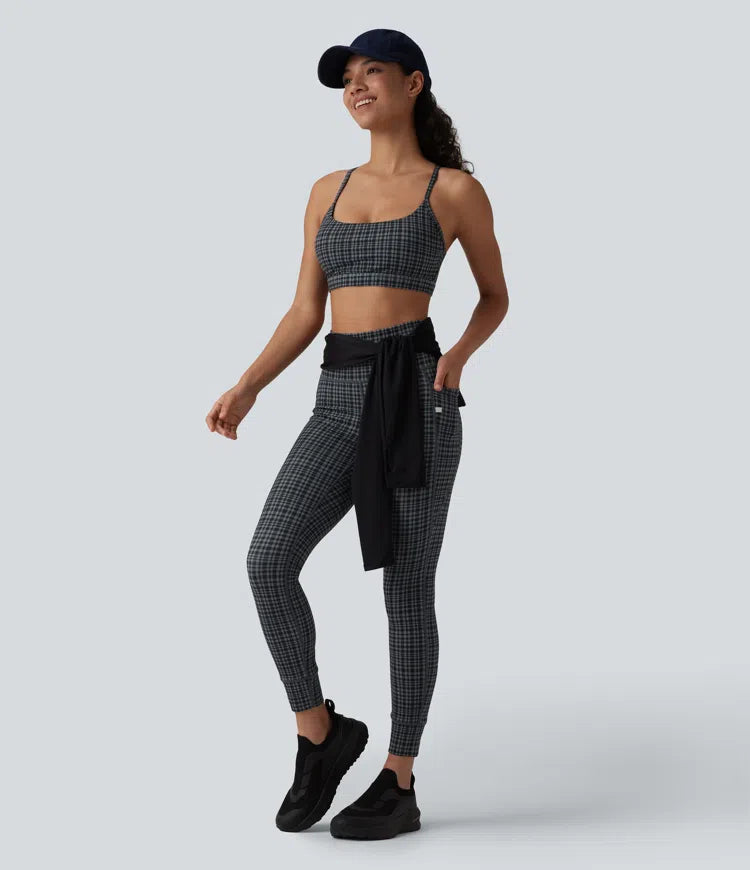 Halara UltraSculpt legginsy do jogi z wysokim stanem, w kratkę, ze sznurkiem ściągającym i kieszeniami