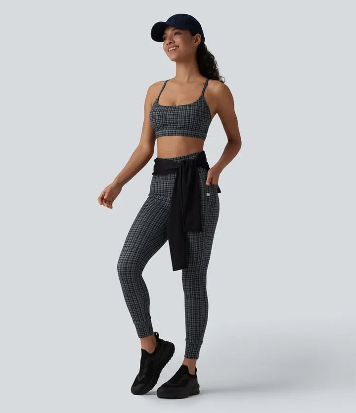 Milejka UltraSculpt Check w kratę print z wysokim stanem i sznurkiem legginsy do jogi z kieszeniami