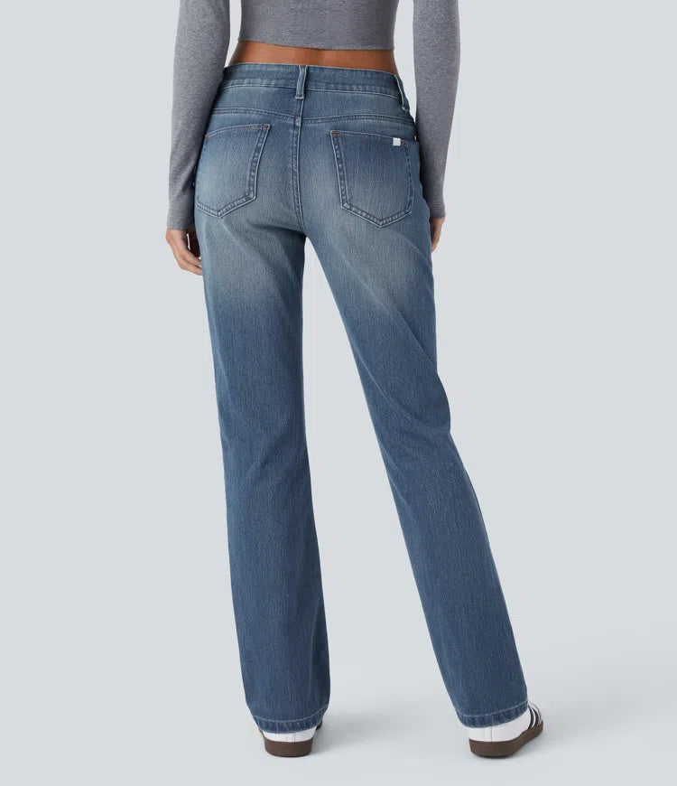 Halara Flex niskie, prane casualowe dżinsy bootcut z kieszeniami na zamek