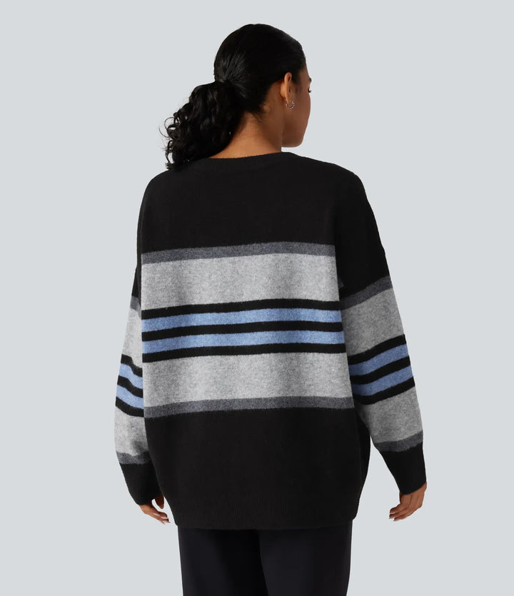 Z okrągłym dekoltem i długim rękawem oversize w paski sweter na co dzień