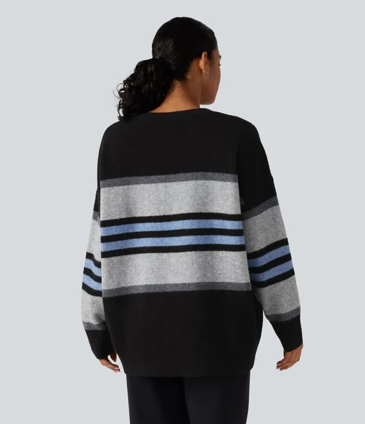 Z okrągłym dekoltem i długim rękawem oversize w paski sweter na co dzień