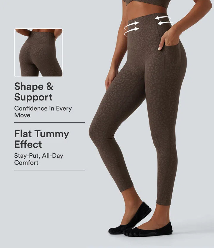 Halara UltraSculpt legginsy do jogi w panterkę, z wysokim stanem, modelującym efektem na brzuch i kieszeniami