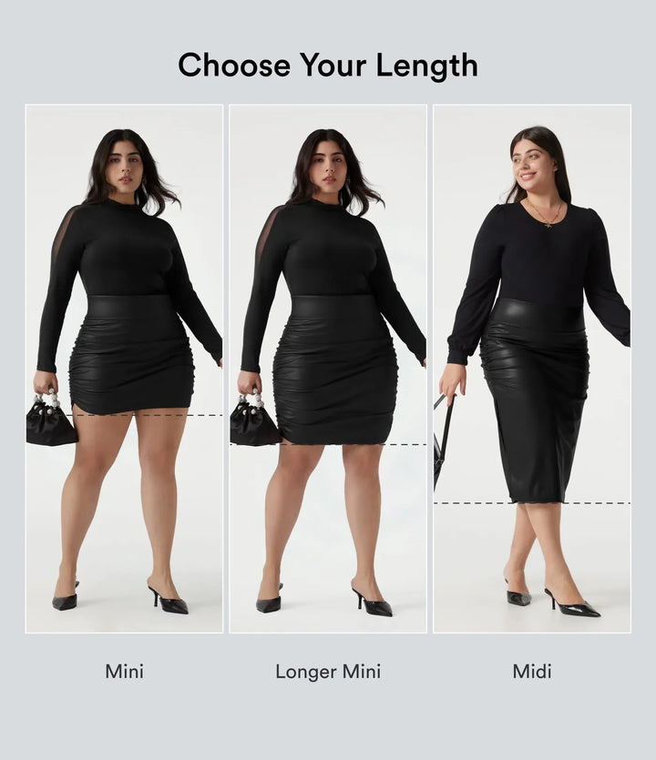 Plus size z wysokim stanem modelujące brzuch marszczony z zaokrąglonym dołem 2-in-1 polarowy PU skórzany midi na co dzień spódnica
