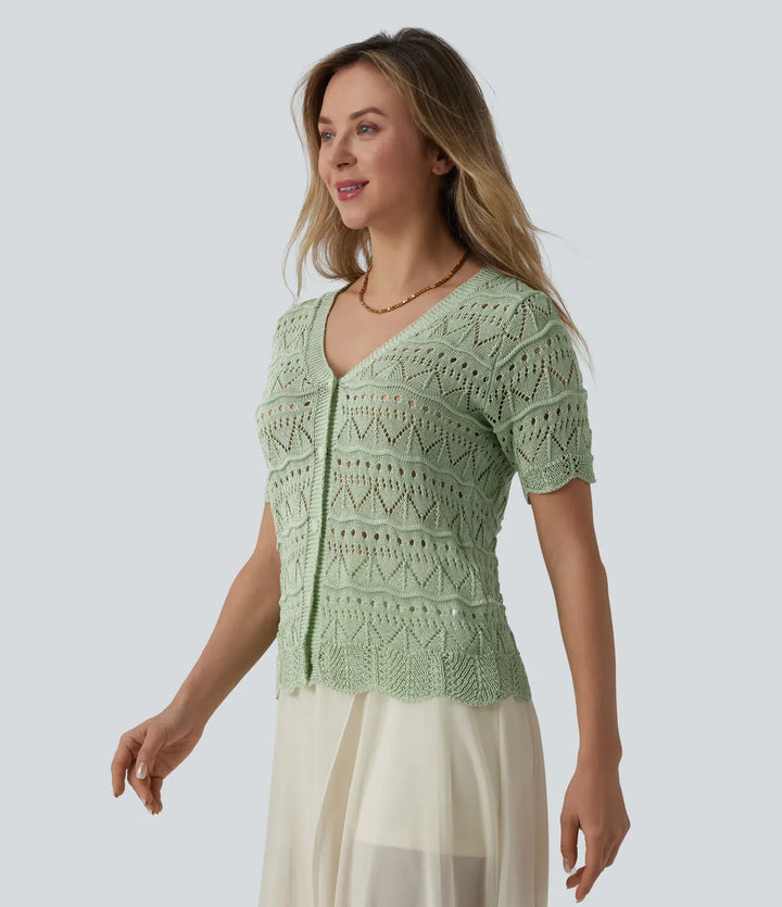 Z dekoltem V z krótkim rękawem falowany brzeg Hem Crochet resortowy kardigan